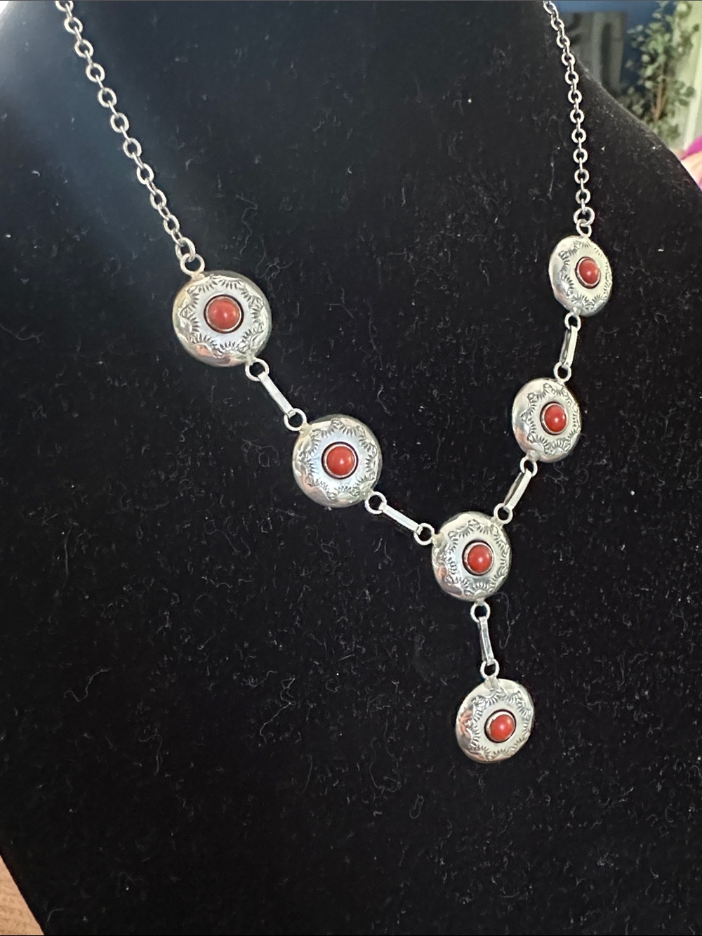 Vintage Martin Perry (Navajo) Sterling Silver Red Coral Y-Style Necklace